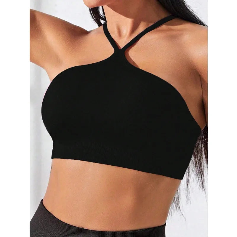Women's Criss Cross Slim Fit Sports Cami Top Seamless Halter Crop Tee Shirt Tops Workout Tops
