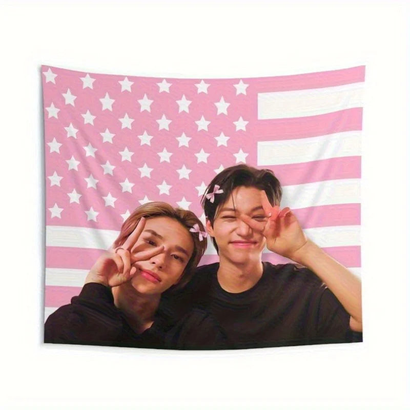 1pc of SKZ Live America Flag Banner Featuring Stray Hyunjin & Merchandise, Designed in Pink with White Stripes Tapestry
