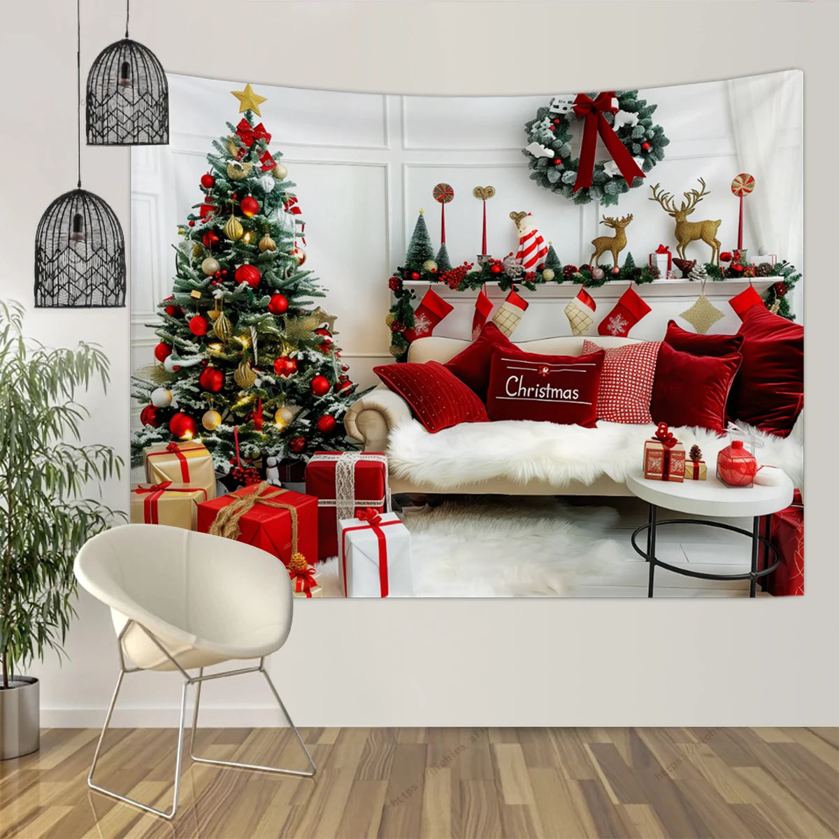 1pc Christmas tapestry, snow background banner outside the Christmas tree window, Christmas fireplace tapestry