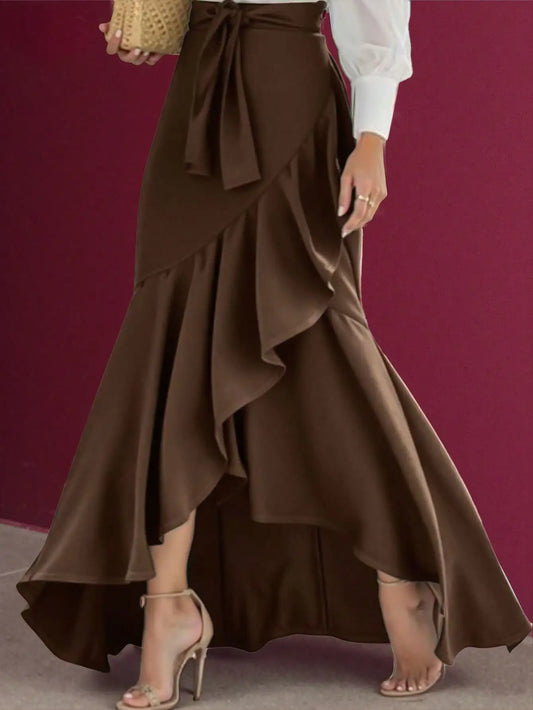 Women's Elegant Solid High Waist Mermaid Skirt Fashion Elastic Irregular Ruffle Long Skirt Casual Bow Tie Detail Maxi Skirt 2025