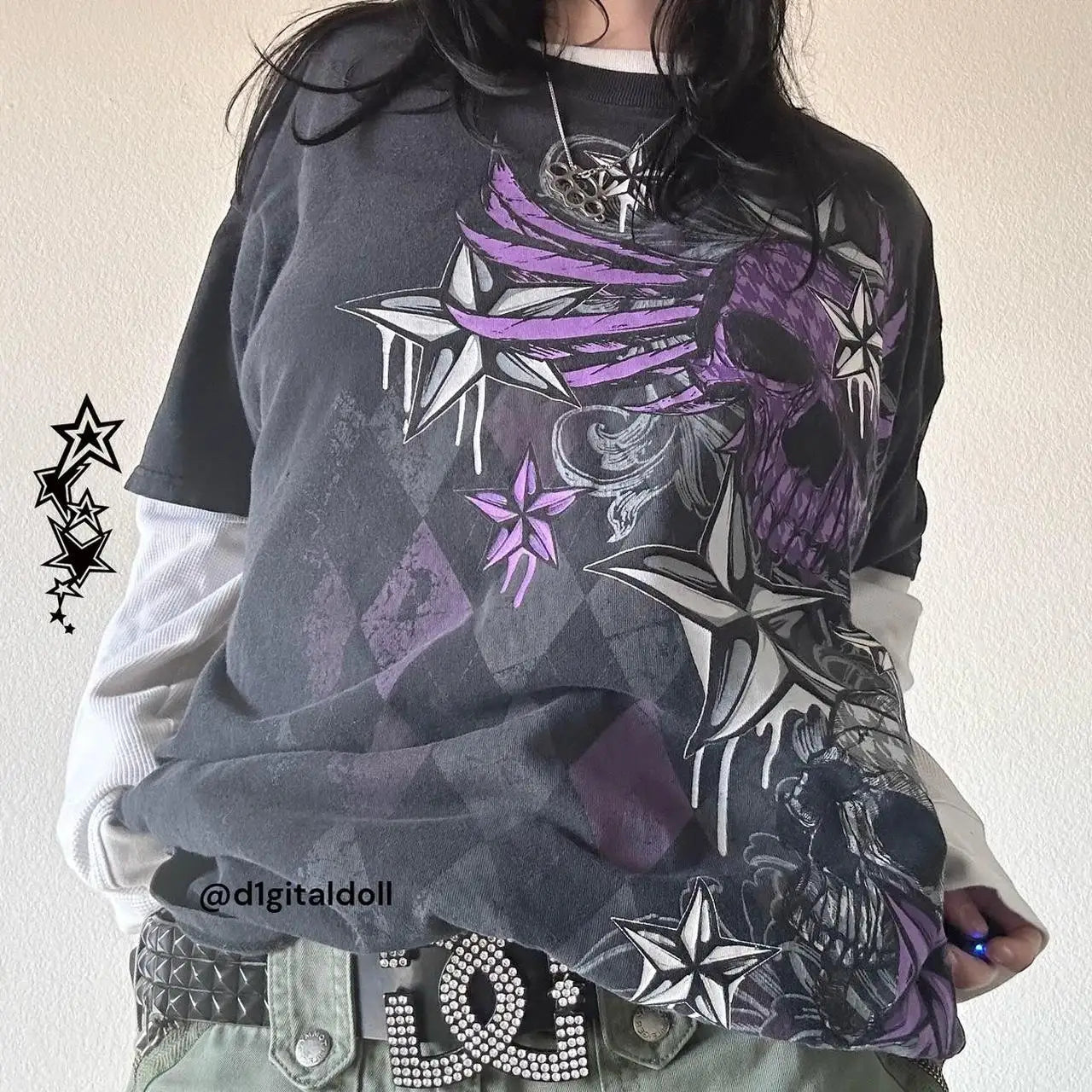 2000s Y2K Cyber Grunge Vintage T-shirt Graphic Print O Neck Long Sleeve Tee Women Slim Fit Crop Tops EGirl Skater Emo Streetwear
