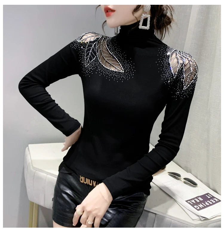 2025 European Station Long Sleeve Women Tees Autumn Winter New Stand collar Hot Diamond T Shirt Fashion Slim Mesh Tops