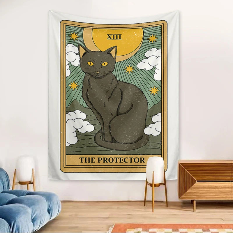1pc Tarot Cat Tapestry, Moon Phase Sun Universe Starry Sky Tapestry, Cute Cat Wall Hanging