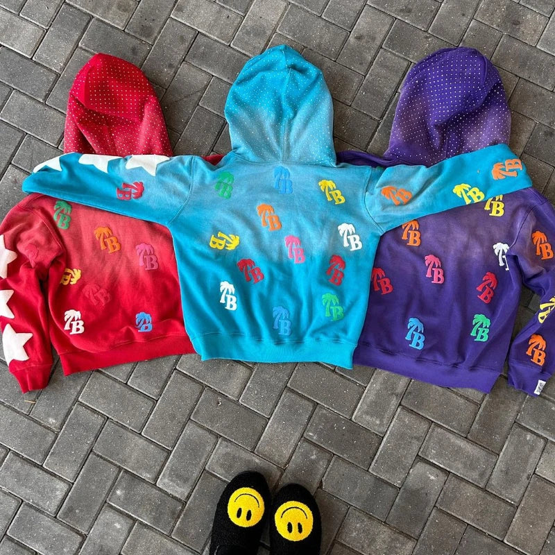 Y2K trendy letter pattern loose casual comfortable hooded zipper retro hoodie jacket top unisex