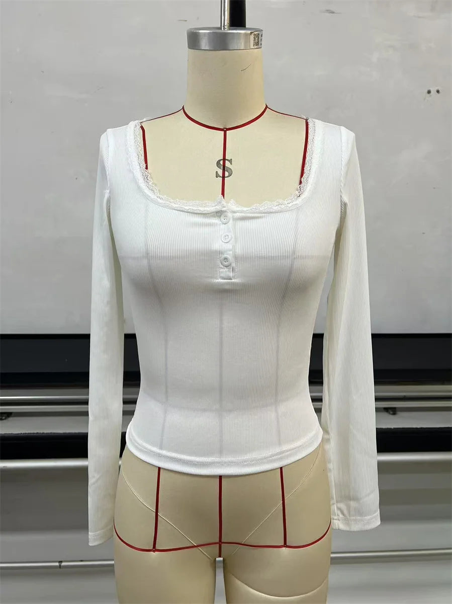 Women's 2026 New Spring Fall Lace Trim Base Blouse V-Neck Button Down Long Sleeve T-shirt Casual Knitted Slim Fit Fashion Top