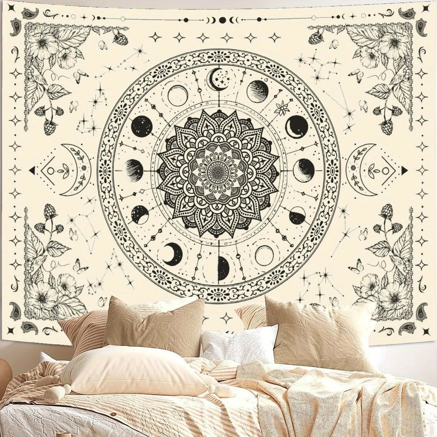 1pc Bohemian Mandala Floral Tapestry - Vintage Indian Wall Hanging with Celestial Moon and Stars Pattern for Bedroom Living Room
