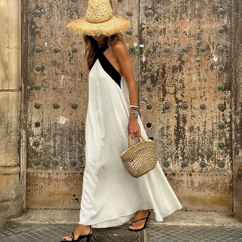 Women's Summer New Fashion Pure Color Hanging Neck Strapless Cotton Linen Dress Sleeveless Simple Design Maxi Dress