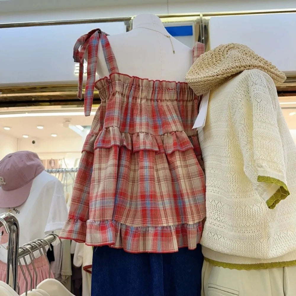 Y2K Hot Women Summer Acubi Japan Vintage Gyaru Tanks & Camis Lace Up Green Crop Top Plaid Strap Sleeveless Tank Tops Clothes