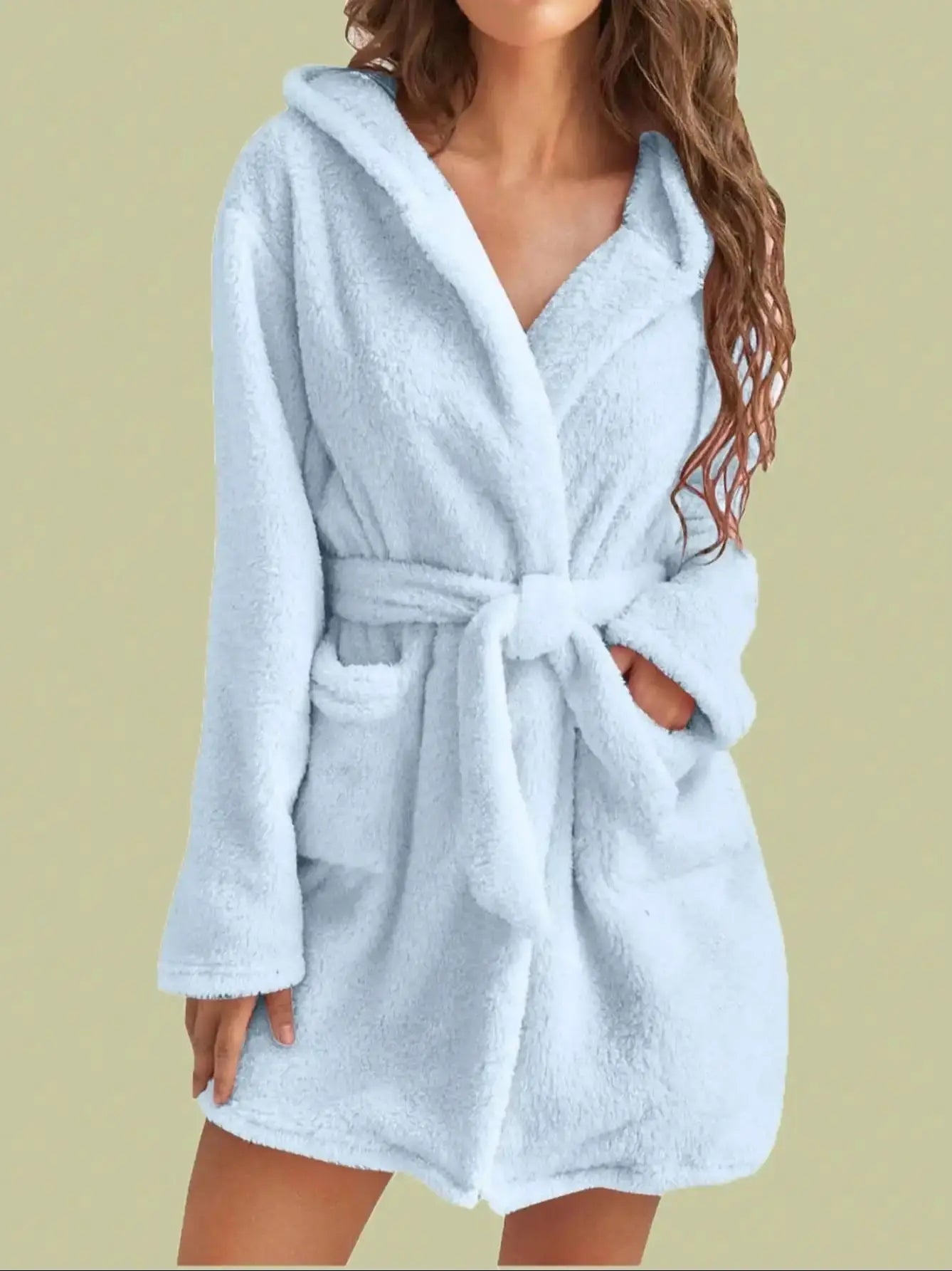 1 piece of women's solid color hooded robe with belt, cozy and warm fleece pajamas for home wear in autumn and winter.