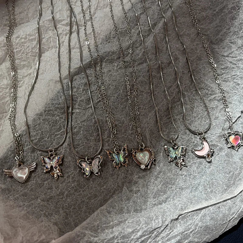 Y2K Crystal Butterfly Heart Necklace Fashion Kpop Shiny Clavicle Chain Necklaces for Women Girls New Trend Party Gifts Jewelry