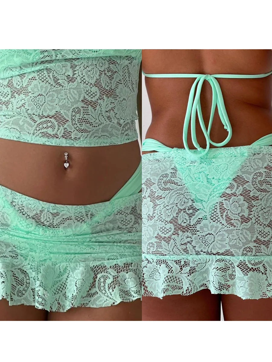 Women's Bikini Cover-up Skirts Lace See Through Mini Skirts Low Waist Ruffle Casual Beach Skirts Summer