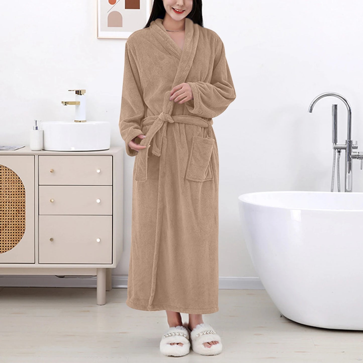 Women's Coral Fleece Robe Autumn Winter New Style Medium Length Home Indoor Wear Warmth Comfortable Sleepwear Nightgown