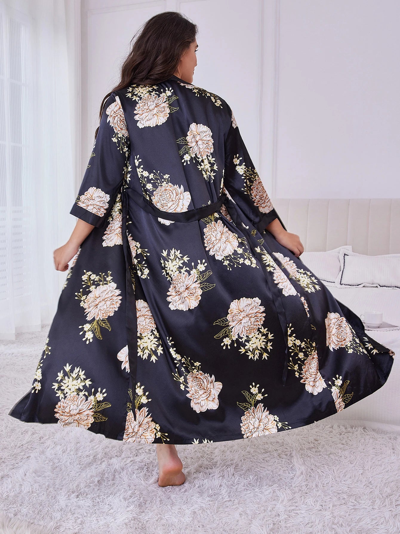 Women's Plus Size Belted Silk Robe Lightweight Random Floral Print Loose Long Sleepwear Fall Winter Loungewear for Curvy Home
