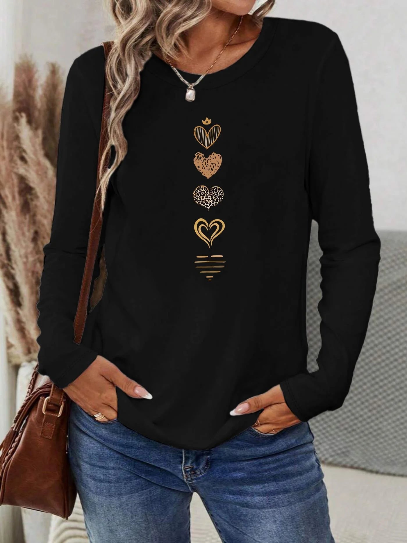 Women's Spring and Autumn 100% Cotton Fashion Casual Loose Leopard Pattern Heart Pattern Printed Round Neck Long Sleeve T-shirt