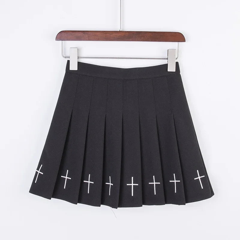 2020 Women Harajuku Sweet Fresh Feeling High Waist Pleated Skirt Elastic Waist Cross Embroidery Skirt black skirt Pleated Skirt