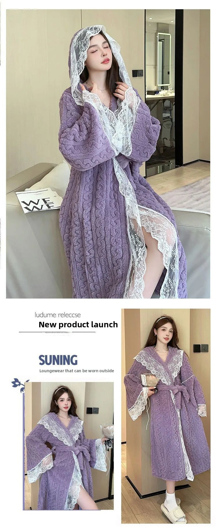 Women's Autumn and Winter Delicate Lace Edge Nightgown, Small Fragrant Pajamas, Piled and Thickened To Keep Warm Bath Robe Women