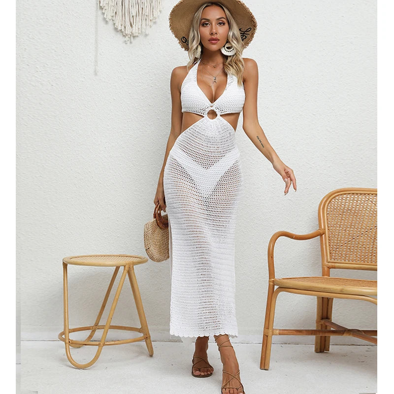 Women's Sexy Binding Rope Deep V Beach Cover-Up Knitting Halter Tunic Long Dress See-Through Summer Holiday Casual Beachwear