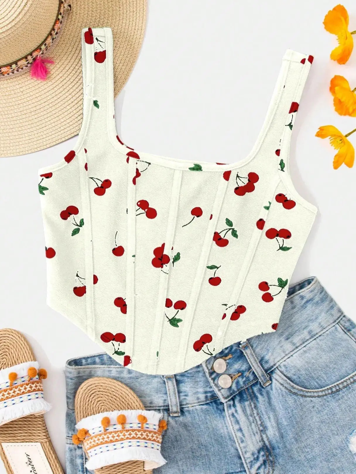 Women's Summer Casual Sleeveless Cherry Print Cropped Tank Top, Fashionable Women's Daily Wear Tops