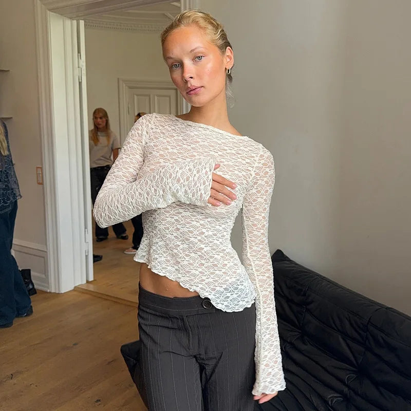 Women's Low-Cut Long Sleeve T-shirt Autumn Sexy Solid Color Streetwear Elegant Casual Slim Fit Versatile Female Tees