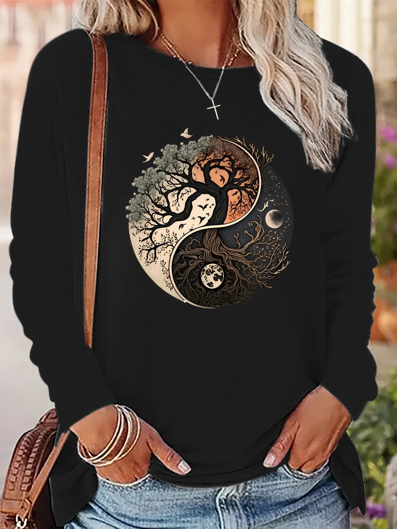 Women's Spring and Autumn 100% Cotton Fashion Casual Loose Leopard Pattern Heart Pattern Printed Round Neck Long Sleeve T-shirt