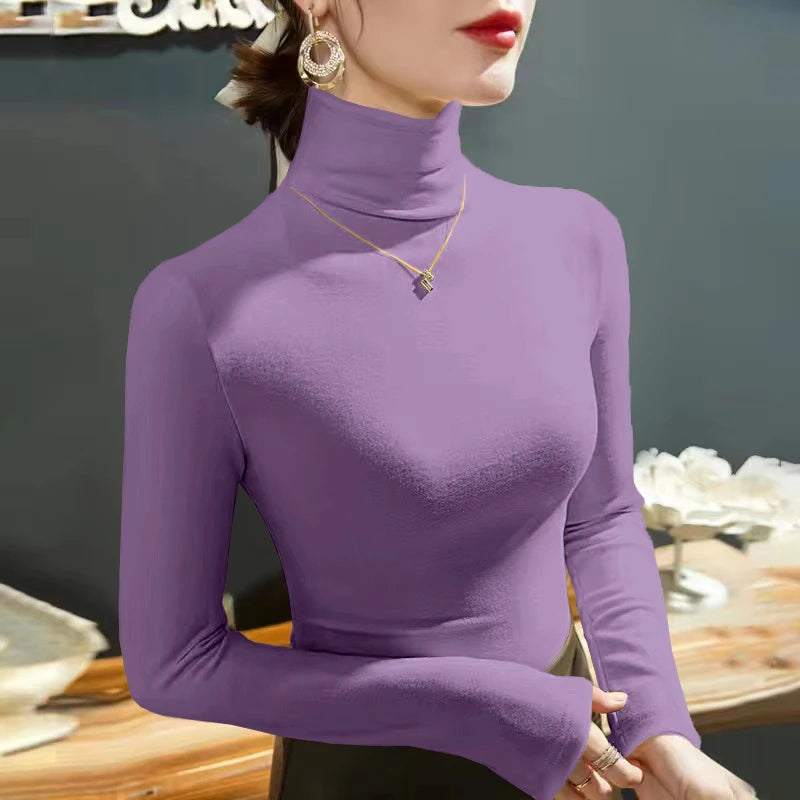 2025 Fashion Autumn Winter Female Turtleneck Fleece Stretch Shirt Women Long Sleeve T-shirt Warm Basic Pullover Bottoming Tops