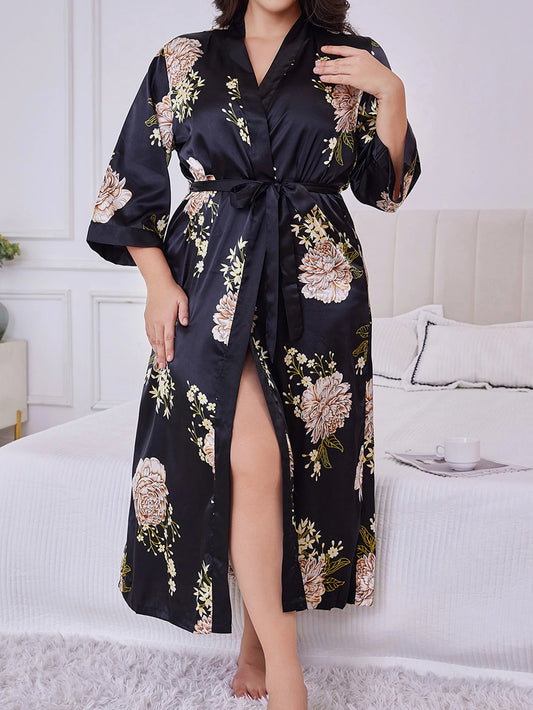 Women's Plus Size Belted Silk Robe Lightweight Random Floral Print Loose Long Sleepwear Fall Winter Loungewear for Curvy Home