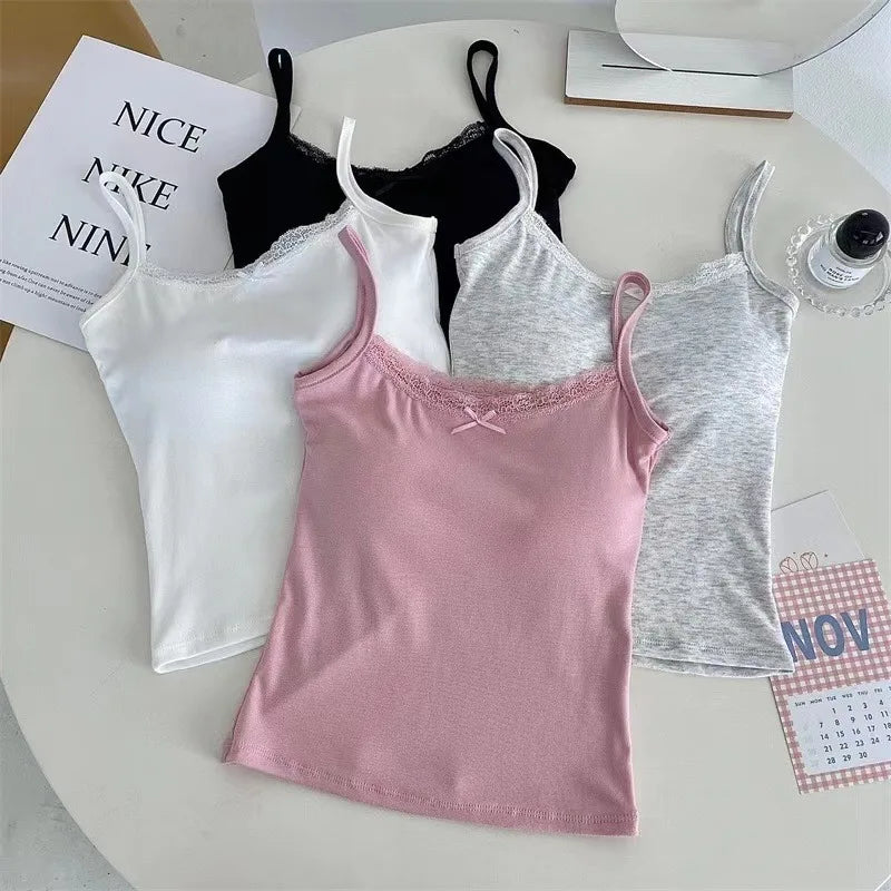 1pcs Girls Cute Padded Bra Tank Top Women Lace Casual Strap Top Vest Female Camisole With Removable Built In Bra Clothing