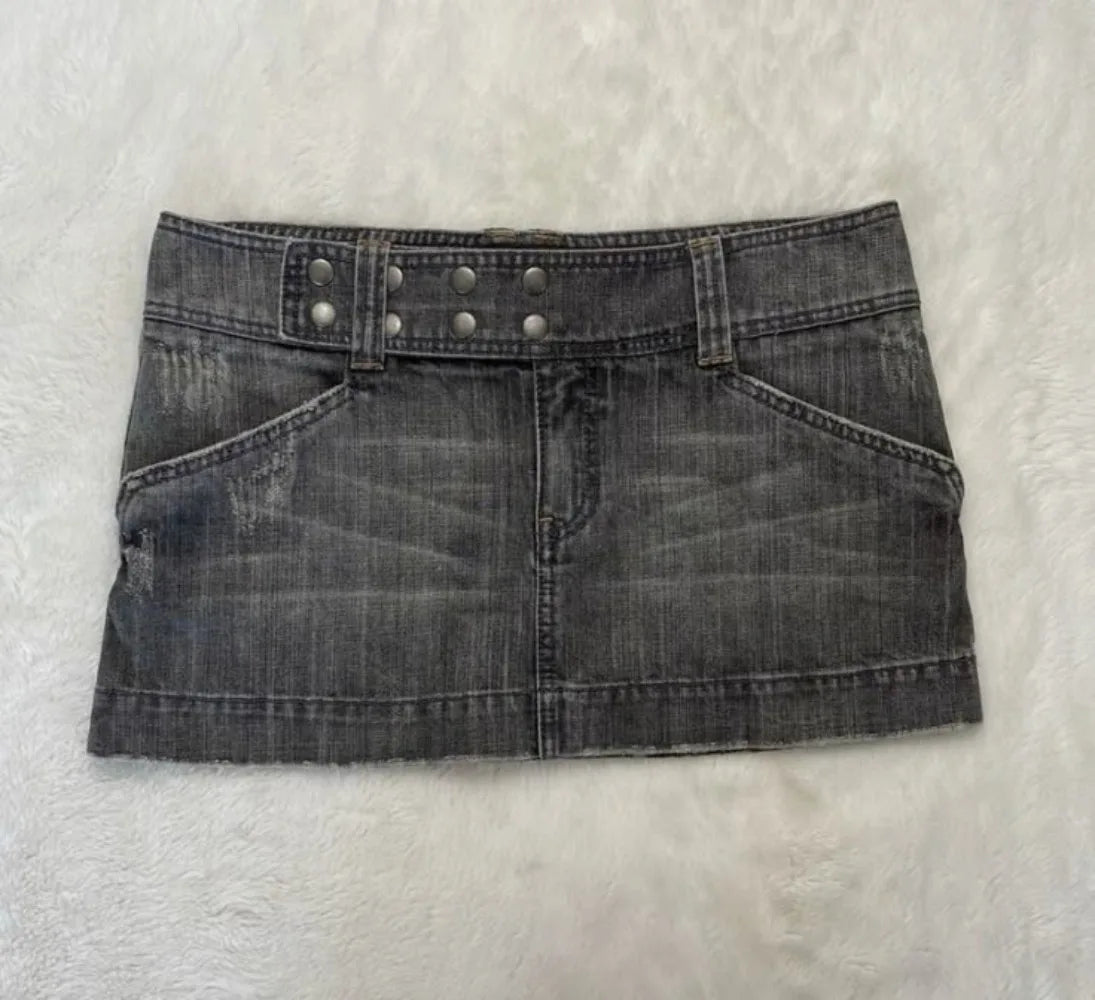 Y2K Adjustable Waist Mini Skirt Harajuku Hot Girl Solid Color Retro Gray Denim Skirt Women Gothic Slim Hip Low Waist Short Skirt