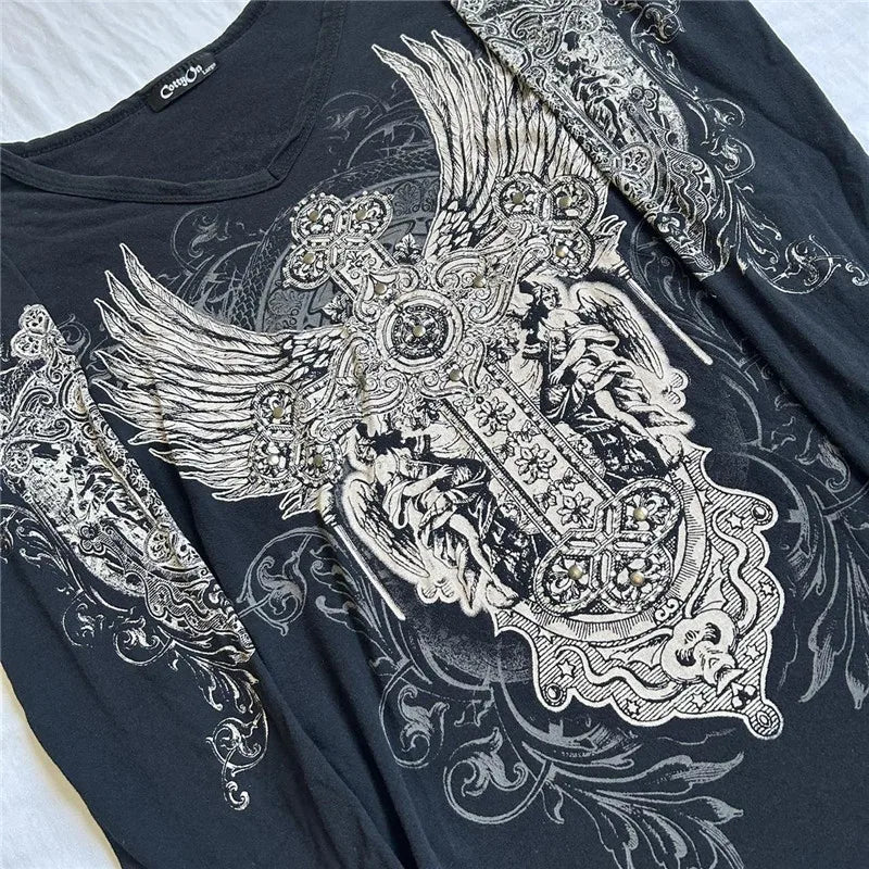 2000s Y2K Cyber Grunge Vintage T-shirt Graphic Print O Neck Long Sleeve Tee Women Slim Fit Crop Tops EGirl Skater Emo Streetwear