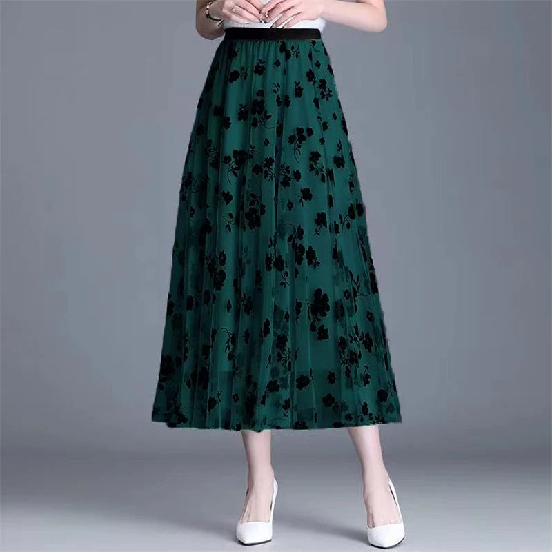 Women's Mesh Flower Skirts 2024 Autumn Winter Lace Flocking Big Swing Elastic High Waist Fashion Elegant A-line White Skirt Dot