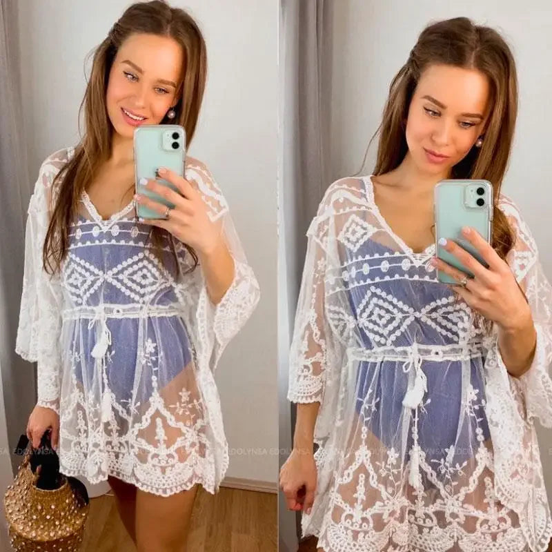 2023 Lace Beach Pareo Beachwear Swim Suit Cover Up Playa Pareo Tunics for Beach Tunic Swimwear Women