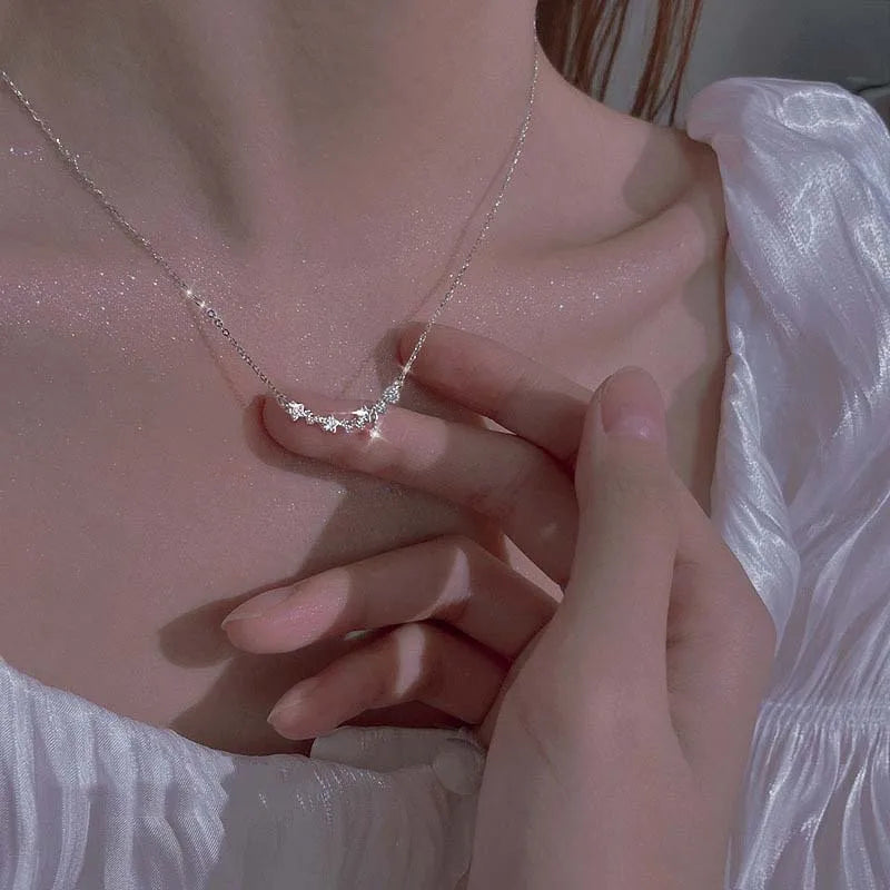 Y2K Shiny Star Necklace for Women Girls Silver Color Crystal Pendant Clavicle Chain Necklace Set Fashion New Trendy Party