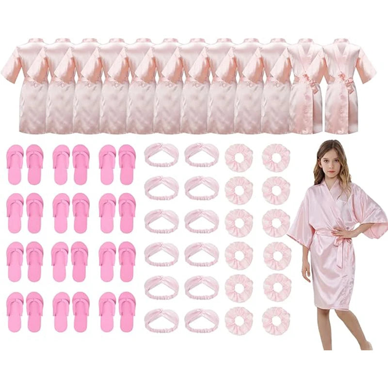 12 Pack Girls Kids Silky Satin Robe with Hair Band Slipper Hair Ring for Wedding Birthday Party Spa