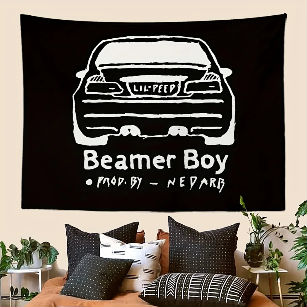 1pc Beamer Boy Music-Themed Tapestry - Black Cartoon Car Print Wall Hanging with Lil Peep Album Art Perfect for Dorms