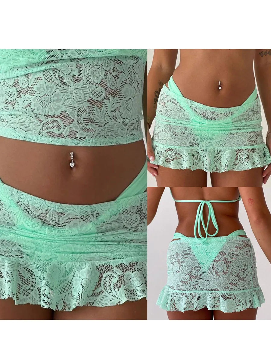 Women's Bikini Cover-up Skirts Lace See Through Mini Skirts Low Waist Ruffle Casual Beach Skirts Summer