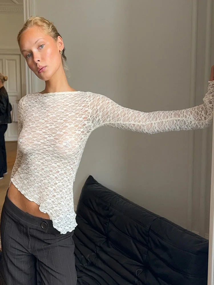 Women's Low-Cut Long Sleeve T-shirt Autumn Sexy Solid Color Streetwear Elegant Casual Slim Fit Versatile Female Tees