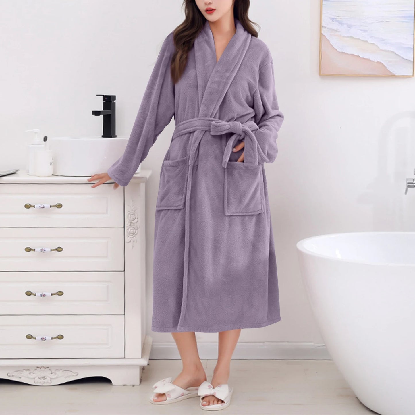Women's Coral Fleece Robe Autumn Winter New Style Medium Length Home Indoor Wear Warmth Comfortable Sleepwear Nightgown