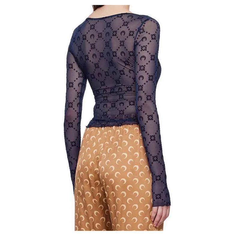 Women Tshirt Long Sleeve Korean Sexy Sweet Spicy Top Hollow Out Mesh Plush Moon Print Street Shorts Mushroom Edge Tight Fit