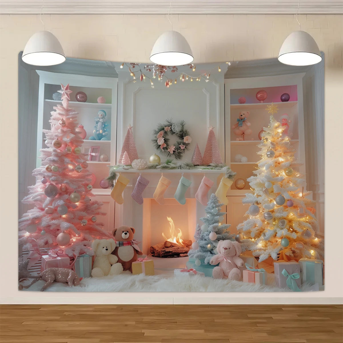 1pc Christmas tapestry, snow background banner outside the Christmas tree window, Christmas fireplace tapestry