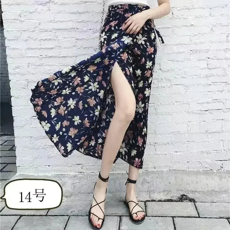 2026 Summer Beach Floral Skirt for Women Cotton High Waist Wrap Maxi Skirt Long with Side Slit & Tie Detail Boho Style Design