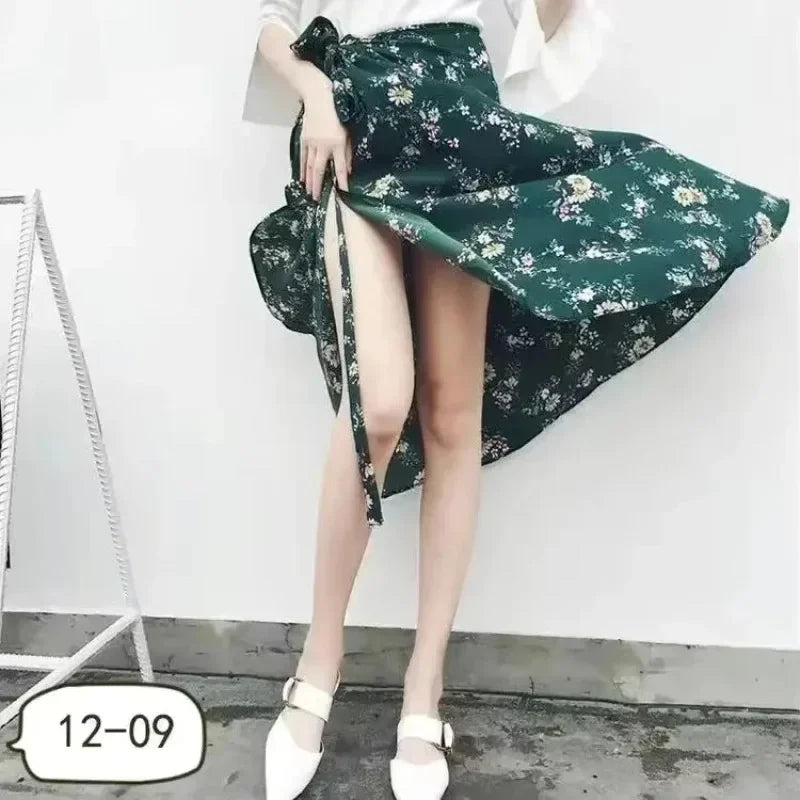 2026 Summer Beach Floral Skirt for Women Cotton High Waist Wrap Maxi Skirt Long with Side Slit & Tie Detail Boho Style Design