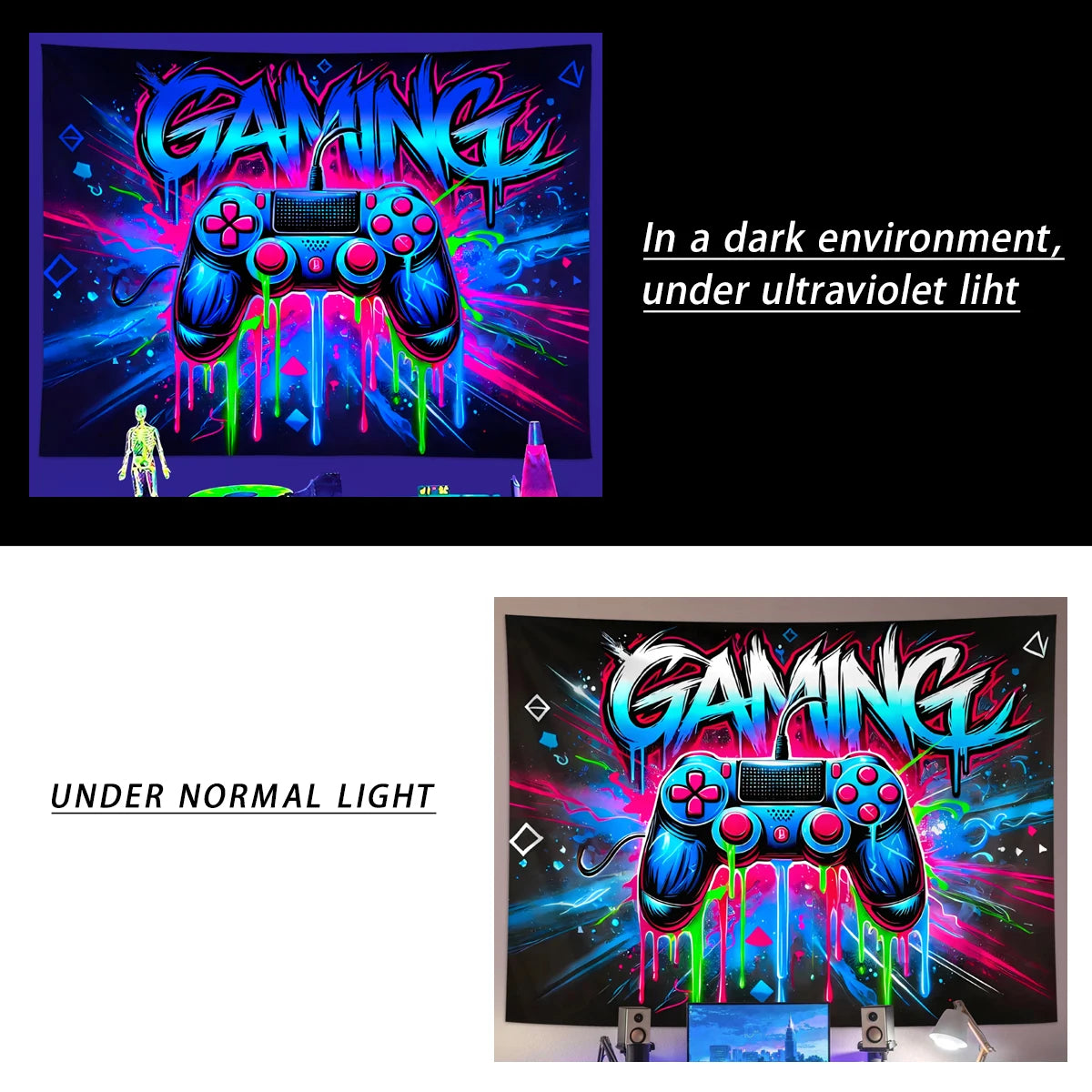 1pc Game controller fluorescent tapestry, UV reactive tapestry, e-sports room, e-sports club background decoration wall hanging