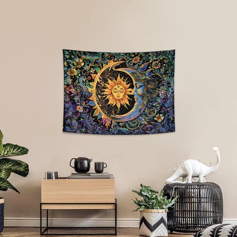1PC Sun and Moon tapestry, mysterious floral tapestry, hippie style floral plant wall retro aesthetic tapestry