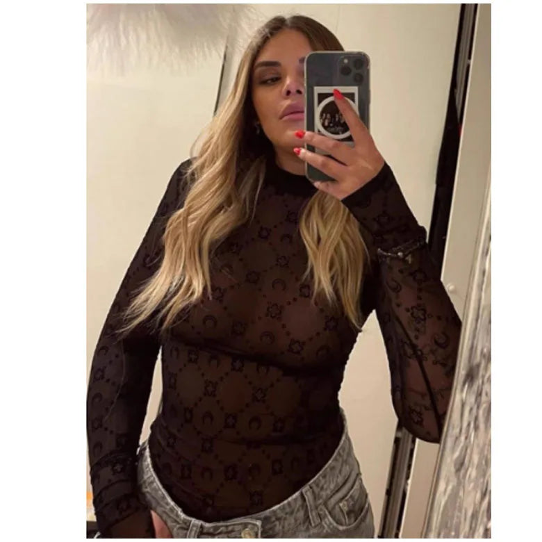 Women Tshirt Long Sleeve Korean Sexy Sweet Spicy Top Hollow Out Mesh Plush Moon Print Street Shorts Mushroom Edge Tight Fit