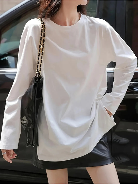 Women's Y2K White Loose Solid Color Long Sleeved T-shirt, Round Neck Wide Version Top, Simple Daily Shirt