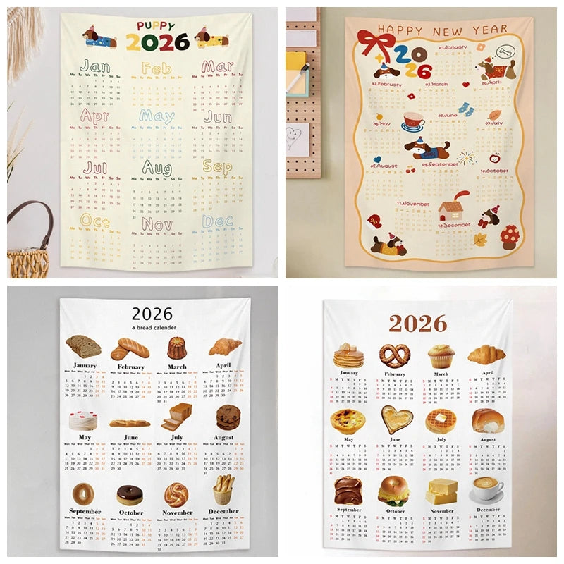 2026 New Year Tapestry 2026 Calendar Backdrop Cloth Dormitory Bedroom Decorative Background Cloth INS Wall Hanging Blanket