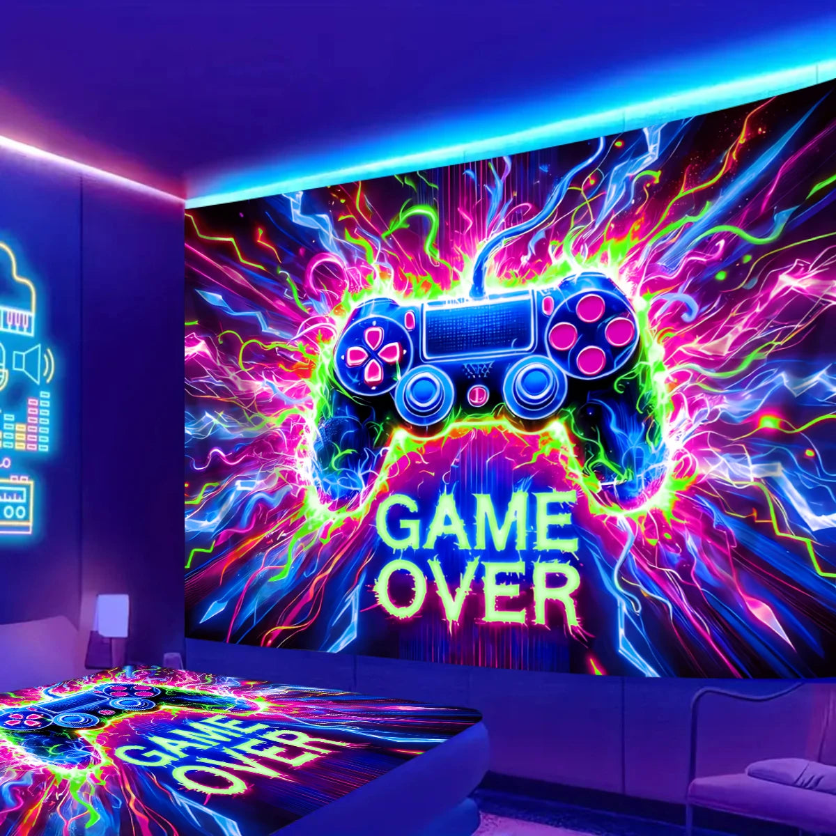 1pc Game controller fluorescent tapestry, UV reactive tapestry, e-sports room, e-sports club background decoration wall hanging