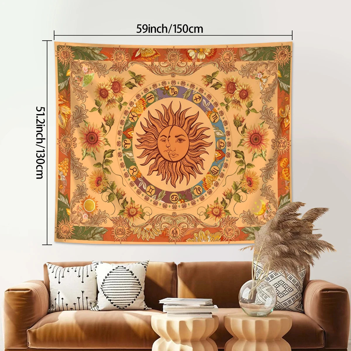 1pc Sun Moon Fantasy Tapestry, Retro Ethnic Wave Simia Tapestry, Sunflower Constellation Aesthetic Wall Hanging