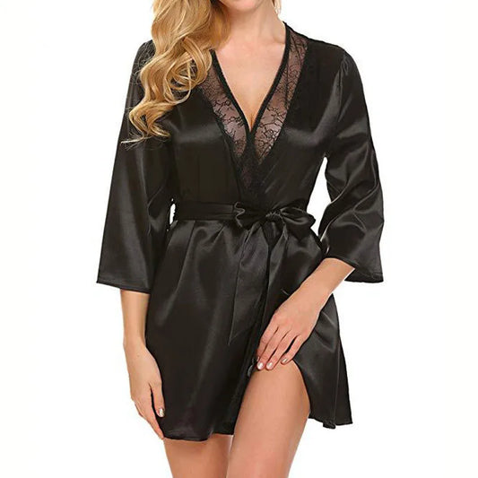 Women Sexy Lace Satin Robe Sleepwear Short Nightgown Kimono Bathrobe Lingerie Nighty Dress Soft Comfortable Black Plus Size