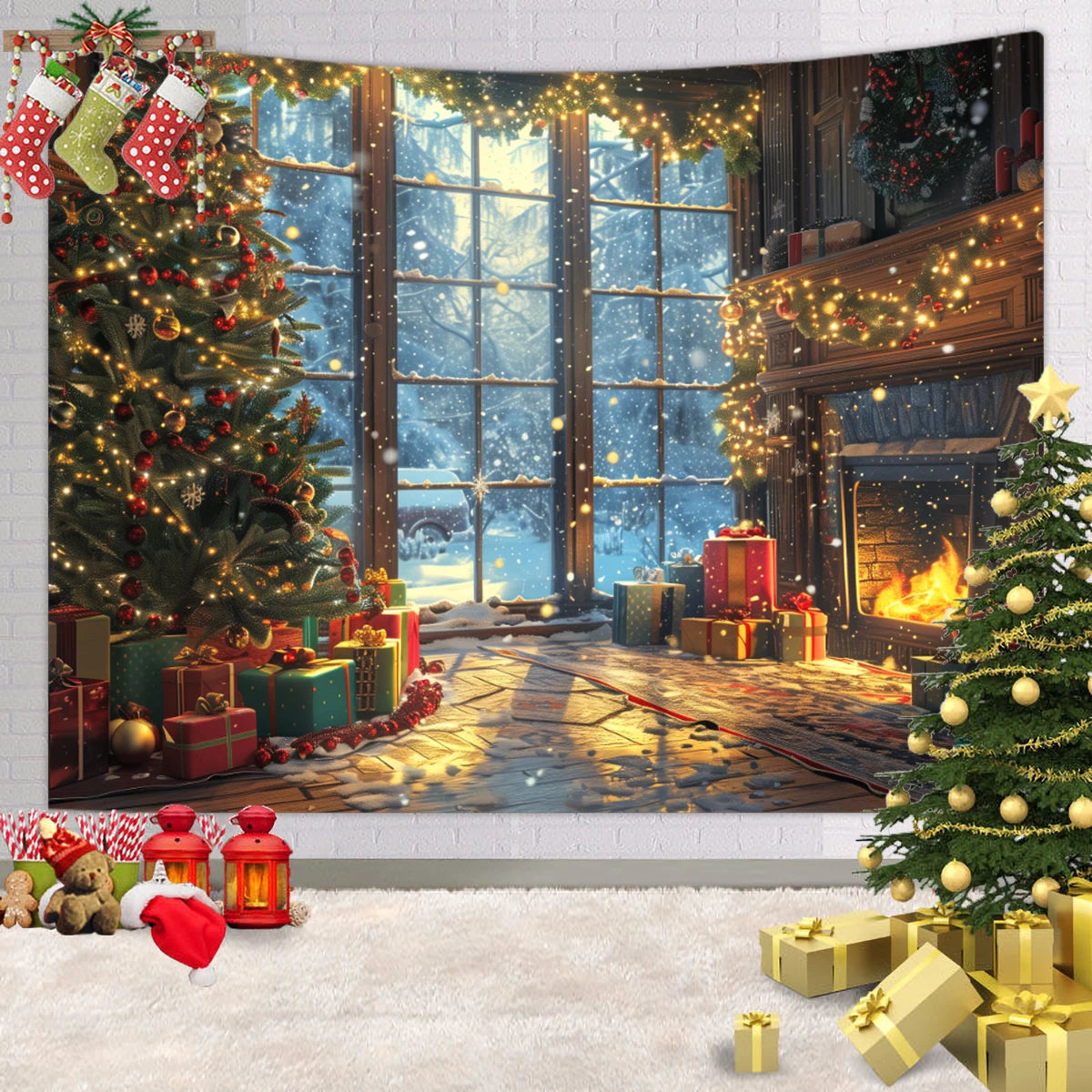 1pc Christmas tapestry, snow background banner outside the Christmas tree window, Christmas fireplace tapestry